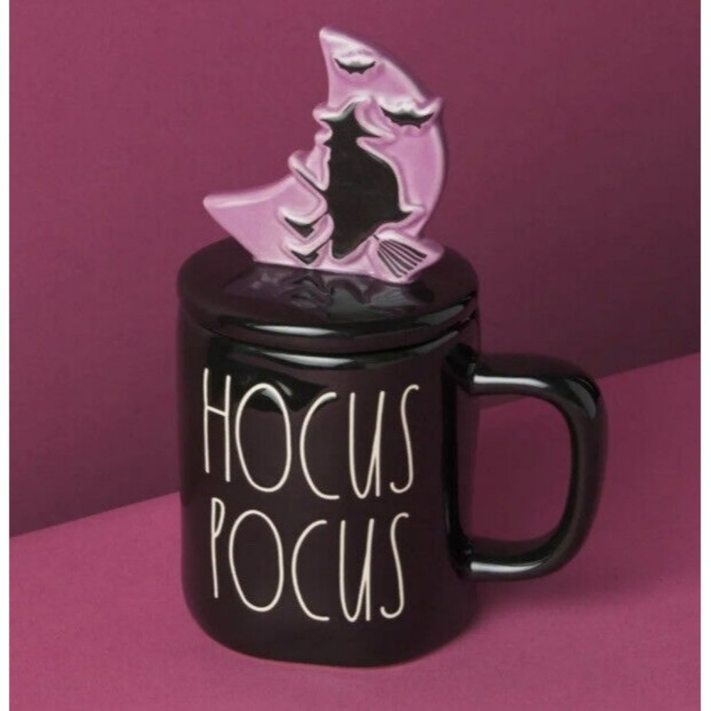 Rae Dunn Halloween Hocus Pocus Black Mug Flying‎ Witch Moon Topper Wicked NEW